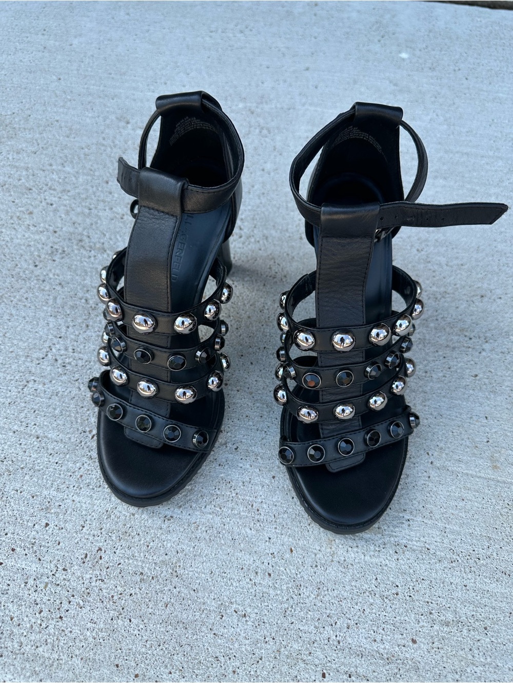 Karl Lagerfeld Black Leather Studded Strap Heels. 8.5